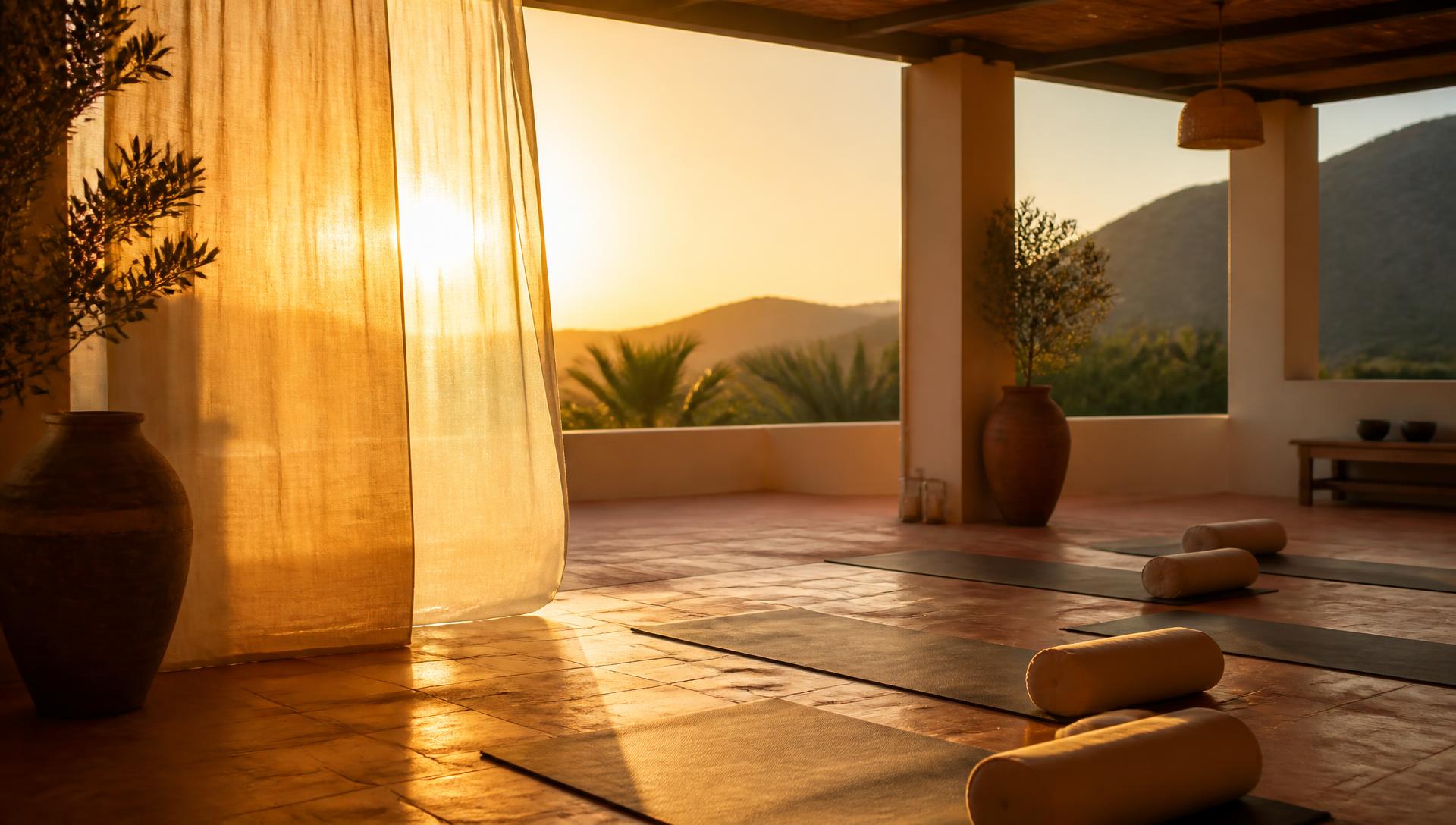 Sunlit terrace yoga studio at golden hour with linen curtains